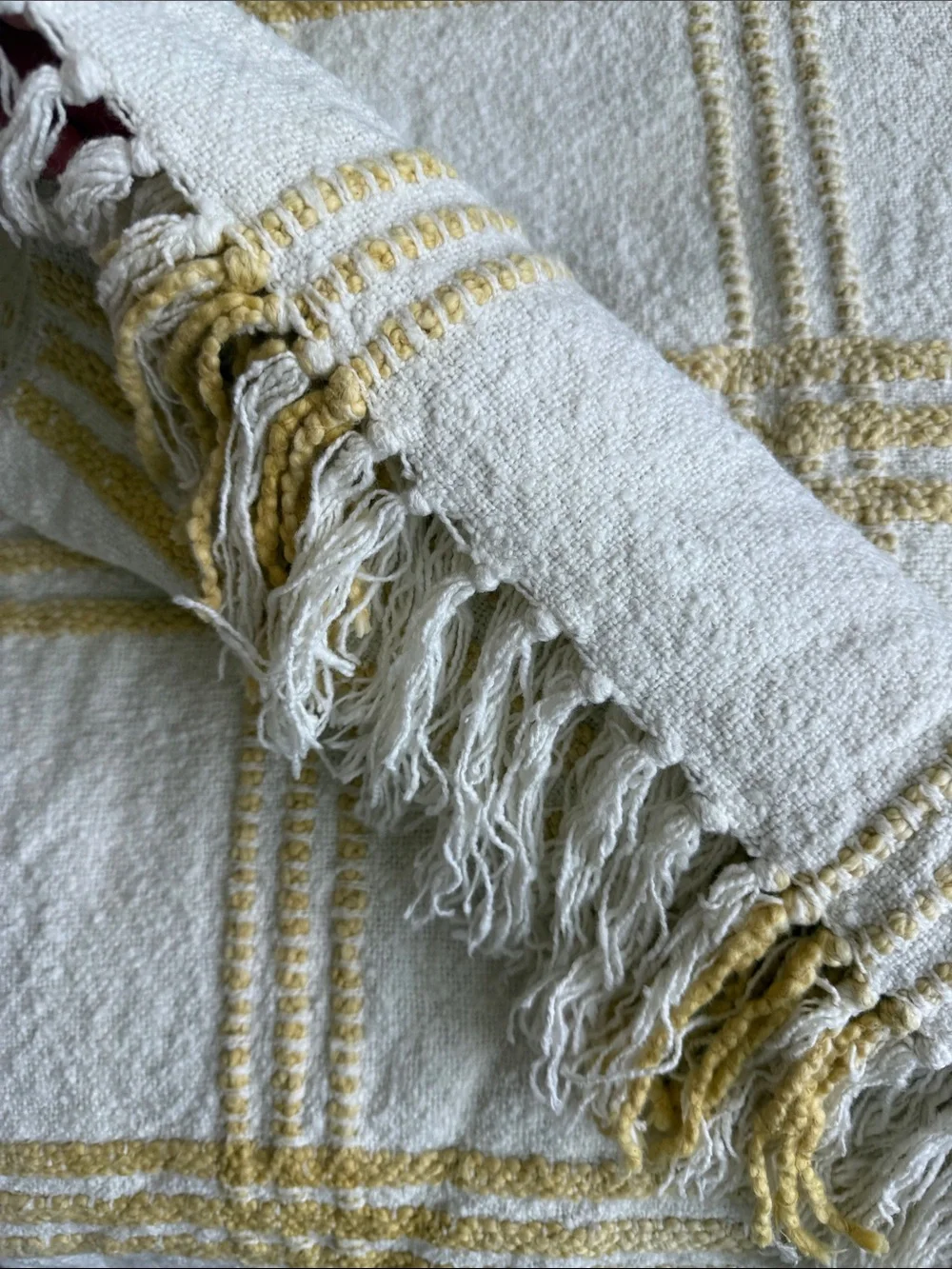 Cream Throw Blanket with Mustard Grid and Fringe